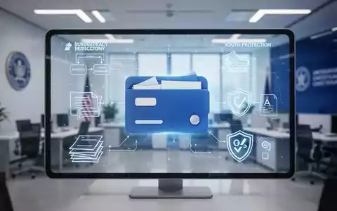 Symbol einer digitalen Identitätsbrieftasche auf einem Bildschirm mit Grafiken zu Bürokratieabbau und Jugendschutz in einem modernen Büro. - Foto: über boerse-global.de