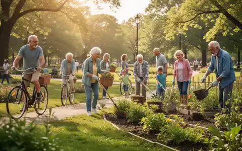 Eine Gruppe von Menschen unterschiedlichen Alters, die im Freien Sport treiben und Gartenarbeit verrichten, in einem sonnigen Park. - Foto: über boerse-global.de