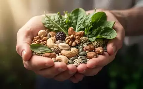 Eine Hand hält verschiedene Nüsse, Samen und grüne Blätter, die eine magnesiumreiche Ernährung symbolisieren. - Foto: über boerse-global.de