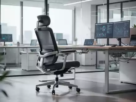 Ein moderner, ergonomischer Bürostuhl und Schreibtisch in einem hellen, zeitgenössischen Büro, das Komfort und Flexibilität betont. - Foto: über boerse-global.de
