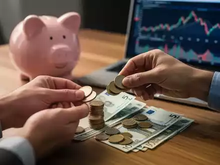 Hände zählen Euromünzen und -scheine auf einem Tisch, im Hintergrund ein Sparschwein und ein Laptop mit Finanzdiagrammen. - Foto: über boerse-global.de