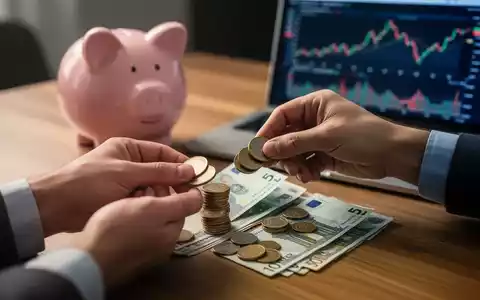 Hände zählen Euromünzen und -scheine auf einem Tisch, im Hintergrund ein Sparschwein und ein Laptop mit Finanzdiagrammen. - Foto: über boerse-global.de