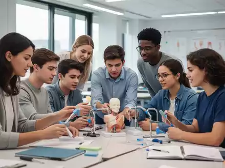 Junge Erwachsene lernen in einem modernen Klassenzimmer, wie man medizinische Modelle und Hilfsmittel für die Ergotherapie verwendet. - Foto: über boerse-global.de