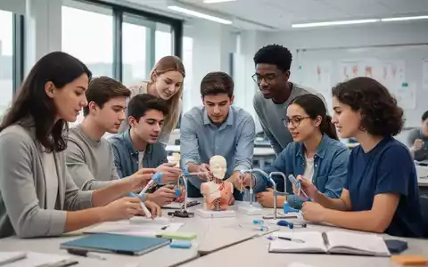 Junge Erwachsene lernen in einem modernen Klassenzimmer, wie man medizinische Modelle und Hilfsmittel für die Ergotherapie verwendet. - Foto: über boerse-global.de