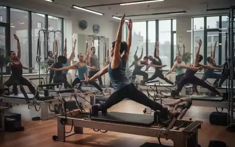Eine Gruppe von Personen unterschiedlichen Alters praktiziert Pilates in einem modernen Studio, das von natürlichem Licht durchflutet wird. - Foto: über boerse-global.de