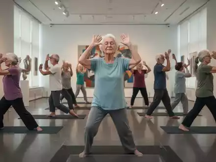 Senioren praktizieren achtsames Yoga und Augenübungen in einer modernen Kunstgalerie, umgeben von Kunstwerken. - Foto: über boerse-global.de
