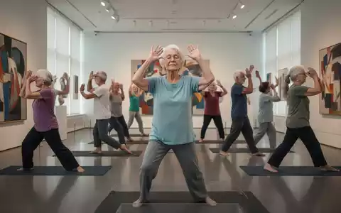Senioren praktizieren achtsames Yoga und Augenübungen in einer modernen Kunstgalerie, umgeben von Kunstwerken. - Foto: über boerse-global.de