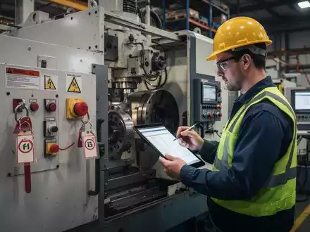 Ein Ingenieur überprüft die Sicherheitsmerkmale einer neu installierten Industriemaschine, darunter LOTO-Systeme und digitale Dokumentation. - Foto: über boerse-global.de