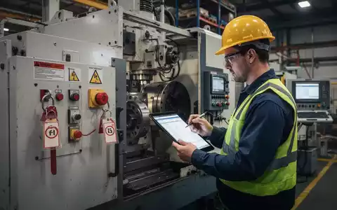 Ein Ingenieur überprüft die Sicherheitsmerkmale einer neu installierten Industriemaschine, darunter LOTO-Systeme und digitale Dokumentation. - Foto: über boerse-global.de