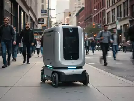 Ein autonomer Lieferroboter mit sauberem, modernem Design fährt auf einem Bürgersteig an Fußgängern und Stadtarchitektur vorbei. - Foto: über boerse-global.de
