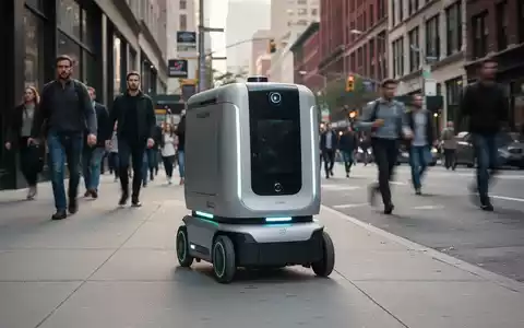 Ein autonomer Lieferroboter mit sauberem, modernem Design fährt auf einem Bürgersteig an Fußgängern und Stadtarchitektur vorbei. - Foto: über boerse-global.de