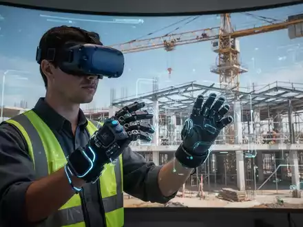 Eine Person mit VR-Headset und Handschuhen interagiert mit einer virtuellen Baustelle, die einen Kran und ein Gebäude zeigt. - Foto: über boerse-global.de