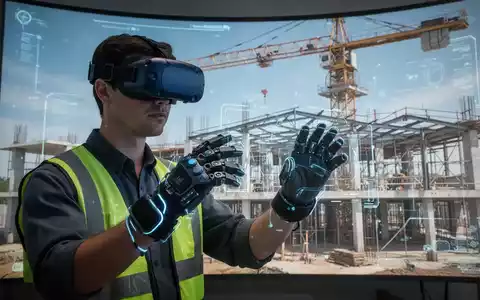 Eine Person mit VR-Headset und Handschuhen interagiert mit einer virtuellen Baustelle, die einen Kran und ein Gebäude zeigt. - Foto: über boerse-global.de