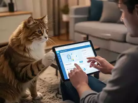 Eine Person streichelt einen Hund oder eine Katze, während sie gleichzeitig auf einem Tablet eine Online-Lernplattform nutzt. - Foto: über boerse-global.de