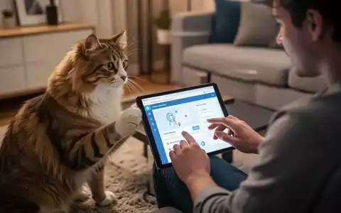 Eine Person streichelt einen Hund oder eine Katze, während sie gleichzeitig auf einem Tablet eine Online-Lernplattform nutzt. - Foto: über boerse-global.de