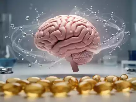 Ein Gehirnmodell mit molekularen Strukturen und unscharfen Omega-3-Kapseln im Vordergrund, vor einem medizinischen Hintergrund. - Foto: ĂŒber boerse-global.de