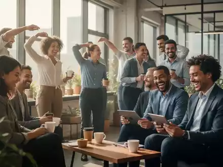 Eine vielfältige Gruppe lächelnder Fachkräfte in einem modernen Büro, die eine entspannte Kaffeepause genießen und sich unterhalten. - Foto: über boerse-global.de