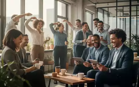 Eine vielfältige Gruppe lächelnder Fachkräfte in einem modernen Büro, die eine entspannte Kaffeepause genießen und sich unterhalten. - Foto: über boerse-global.de