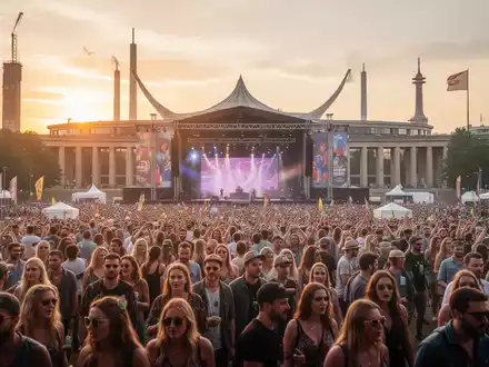 Eine vielfältige Menschenmenge genießt ein Musikfestival im Berliner Olympiapark bei Sonnenuntergang, mit architektonischen Wahrzeichen im Hintergrund. - Foto: über boerse-global.de