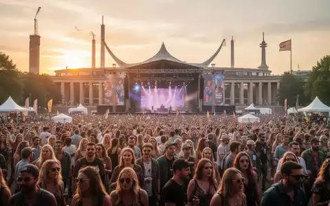 Eine vielfältige Menschenmenge genießt ein Musikfestival im Berliner Olympiapark bei Sonnenuntergang, mit architektonischen Wahrzeichen im Hintergrund. - Foto: über boerse-global.de