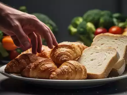 Eine Hand greift nach einer Auswahl an verarbeiteten Lebensmitteln wie Gebäck und Weißbrot, mit unscharfem gesunden Essen im Hintergrund. - Foto: über boerse-global.de