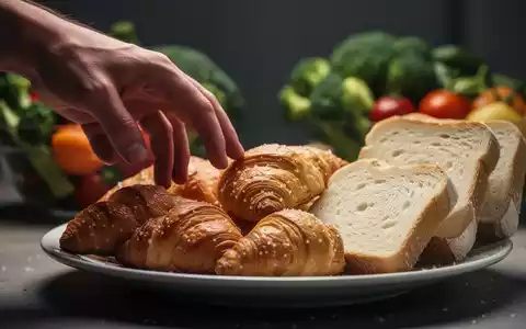 Eine Hand greift nach einer Auswahl an verarbeiteten Lebensmitteln wie GebĂ€ck und WeiĂbrot, mit unscharfem gesunden Essen im Hintergrund. - Foto: ĂŒber boerse-global.de