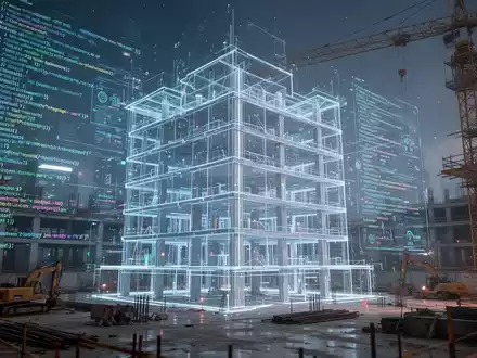 Eine futuristische Baustelle mit einer holografischen Projektion eines BIM-Modells, überlagert mit Code und Daten, symbolisiert KI-Analyse. - Foto: über boerse-global.de