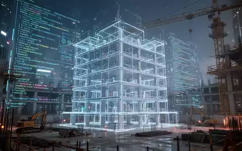 Eine futuristische Baustelle mit einer holografischen Projektion eines BIM-Modells, überlagert mit Code und Daten, symbolisiert KI-Analyse. - Foto: über boerse-global.de