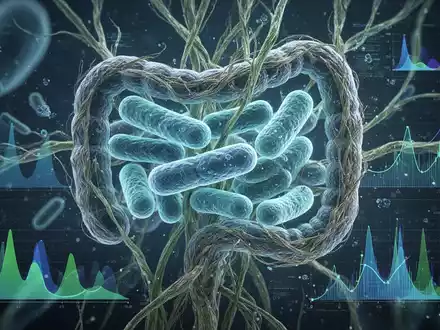 Nahaufnahme von Darmbakterien und Pflanzenfasern, die ein gesundes Mikrobiom darstellen, mit wissenschaftlichen Datenelementen. - Foto: ĂŒber boerse-global.de