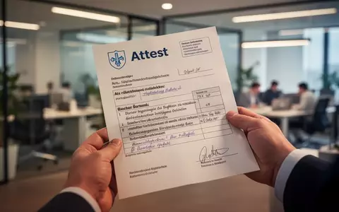 Eine Hand hält eine ärztliche Bescheinigung (Attest) vor dem verschwommenen Hintergrund eines modernen Büros. - Foto: über boerse-global.de