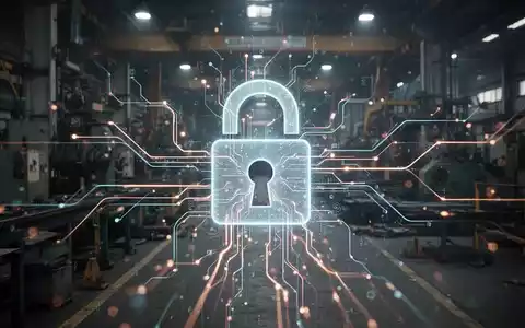Ein digitales Vorhängeschloss-Symbol über einem unscharfen Fabrikboden, mit leuchtenden Linien, die Cyber-Bedrohungen darstellen. - Foto: über boerse-global.de