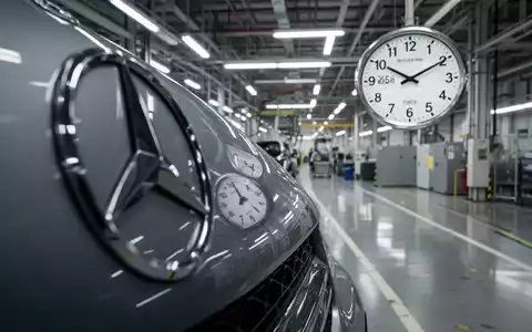Nahaufnahme eines Mercedes-Benz-Logos mit einer verschwommenen Fabrikhalle und einer Uhr im Hintergrund, die lange Arbeitszeiten anzeigt. - Foto: über boerse-global.de