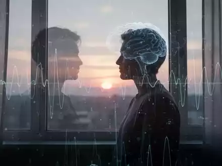 Eine Silhouette einer Person, die im Morgengrauen aus einem Fenster blickt, mit subtilen Gehirnaktivitätsmustern überlagert. - Foto: über boerse-global.de