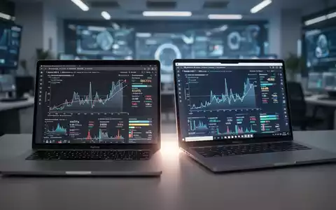 Ein MacBook und ein Windows-Laptop nebeneinander, auf den Bildschirmen Datenvisualisierungen von Leistungsbenchmarks. - Foto: über boerse-global.de