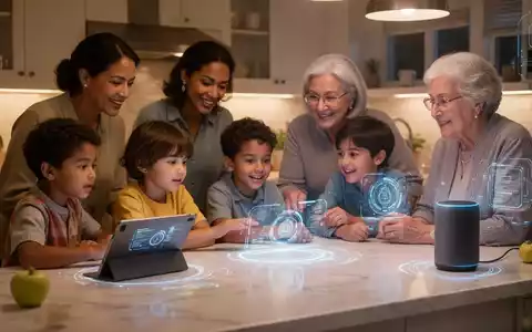 Mehrere Generationen einer Familie interagieren mit KI in einer modernen Küche, die integrierte Haushaltstechnologie zeigt. - Foto: über boerse-global.de