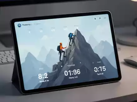Ein minimalistisches digitales Timer-Interface mit einem Bergsteiger-Avatar, der einen Berg erklimmt, auf einem Tablet-Bildschirm in einem modernen Arbeitsbereich. - Foto: über boerse-global.de