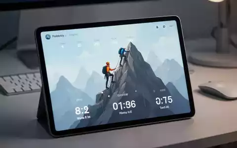 Ein minimalistisches digitales Timer-Interface mit einem Bergsteiger-Avatar, der einen Berg erklimmt, auf einem Tablet-Bildschirm in einem modernen Arbeitsbereich. - Foto: über boerse-global.de