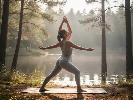 Eine Person praktiziert sanfte Bewegung in einer ruhigen Naturlandschaft mit Bäumen und weichem Sonnenlicht, das durch die Blätter fällt. - Foto: über boerse-global.de