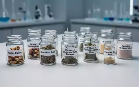 Verschiedene kleine, beschriftete Gläser mit Fastenprodukten wie Nüssen und Tees, angeordnet auf einer sauberen Oberfläche. - Foto: über boerse-global.de
