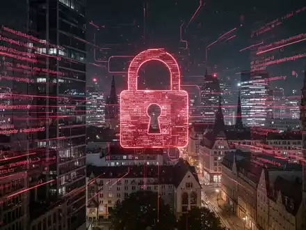 Dunkle, digitale Stadtlandschaft einer deutschen Stadt bei Nacht mit roten Codezeilen und einem stilisierten Vorhängeschloss-Symbol. - Foto: über boerse-global.de