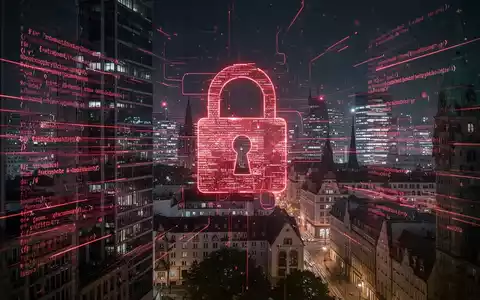 Dunkle, digitale Stadtlandschaft einer deutschen Stadt bei Nacht mit roten Codezeilen und einem stilisierten Vorhängeschloss-Symbol. - Foto: über boerse-global.de
