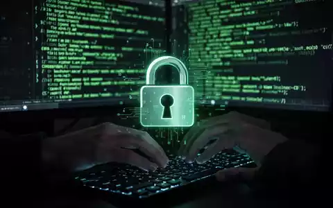 Hackerhände auf Tastatur, grüne Code-Reflexionen, Vorhängeschloss über Kryptowährungssymbol, zeigt digitalen Diebstahl. - Foto: über boerse-global.de