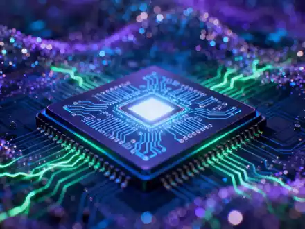Ein stilisiertes, leuchtendes Quantenchip mit komplizierten Schaltkreisen, umgeben von schimmernden Partikeln, die Datentransformation symbolisieren. - Foto: über boerse-global.de