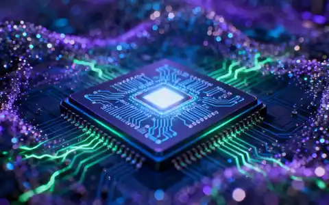 Ein stilisiertes, leuchtendes Quantenchip mit komplizierten Schaltkreisen, umgeben von schimmernden Partikeln, die Datentransformation symbolisieren. - Foto: über boerse-global.de