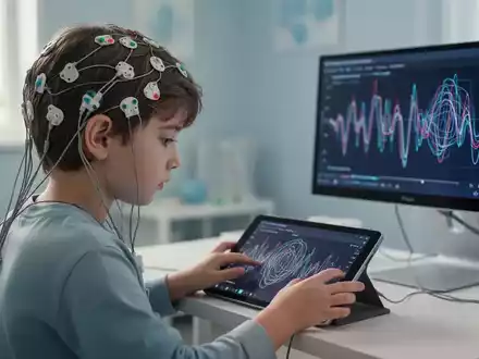 Ein Kind mit EEG-Elektroden auf dem Kopf konzentriert sich auf einen Tablet-Bildschirm mit Gehirnwellenmustern in einem Therapieraum. - Foto: über boerse-global.de