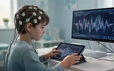 Ein Kind mit EEG-Elektroden auf dem Kopf konzentriert sich auf einen Tablet-Bildschirm mit Gehirnwellenmustern in einem Therapieraum. - Foto: über boerse-global.de