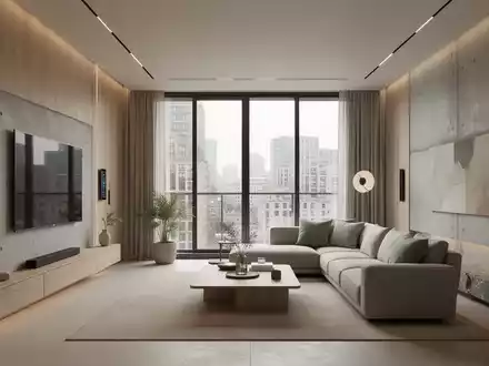 Ein minimalistisches, modernes Wohnzimmer mit klaren Linien, natürlichen Materialien und einer neutralen Farbpalette. - Foto: über boerse-global.de