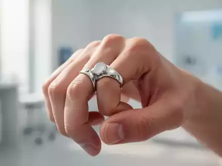 Nahaufnahme einer Hand mit einem Akupressurring an einem Finger, der den LI4-Punkt zwischen Daumen und Zeigefinger betont. - Foto: über boerse-global.de