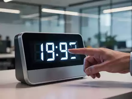 Nahaufnahme einer digitalen Zeiterfassungsuhr oder einer Hand, die eine Zeiterfassungs-App bedient, im Hintergrund ein modernes Büro. - Foto: über boerse-global.de