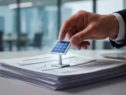 Eine Hand platziert ein stilisiertes Solarpanel-Symbol auf einem Stapel Finanzdokumente, die Aktienzertifikate darstellen. - Foto: über boerse-global.de